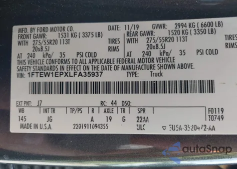 2020 Ford F-150 Xl из США, поврежденный, VIN 1FTEW1EPXLFA35937